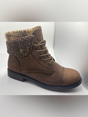 Cliffs by WHITE MOUNTAIN Brown Faux-Suede Knit-Cuff Lace-Up Combat Boots